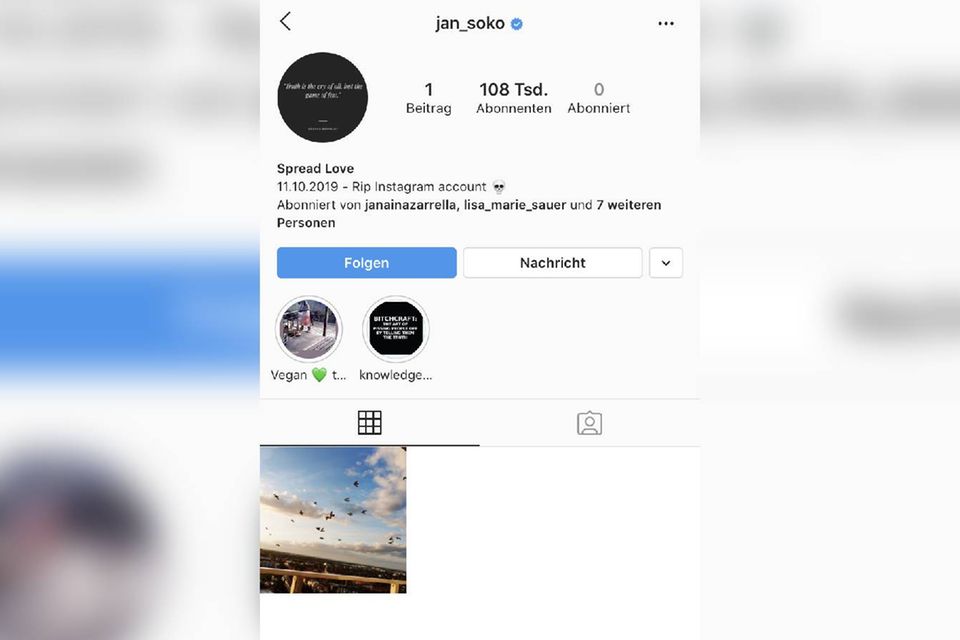 Jan Sokolowskys Instagram-Account im Oktober 2019.