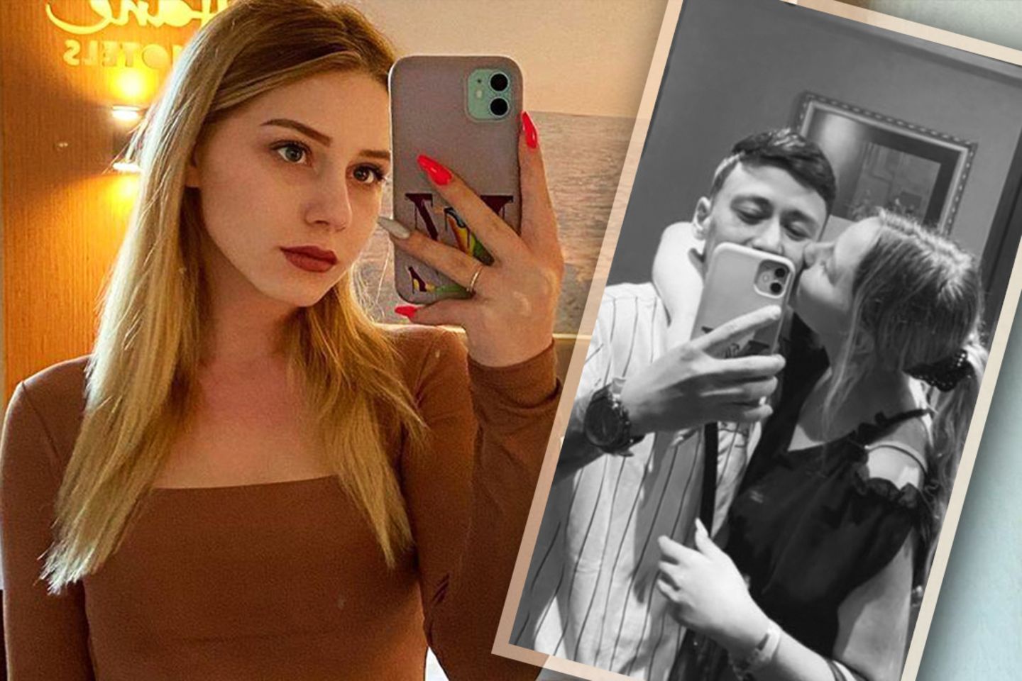 Collage aus 2 Bildern, v.l.: Loredana Wollny macht ein Spiegel-Selfie und guckt ernst in die Kamera. Servet umarmt Loredana vor…