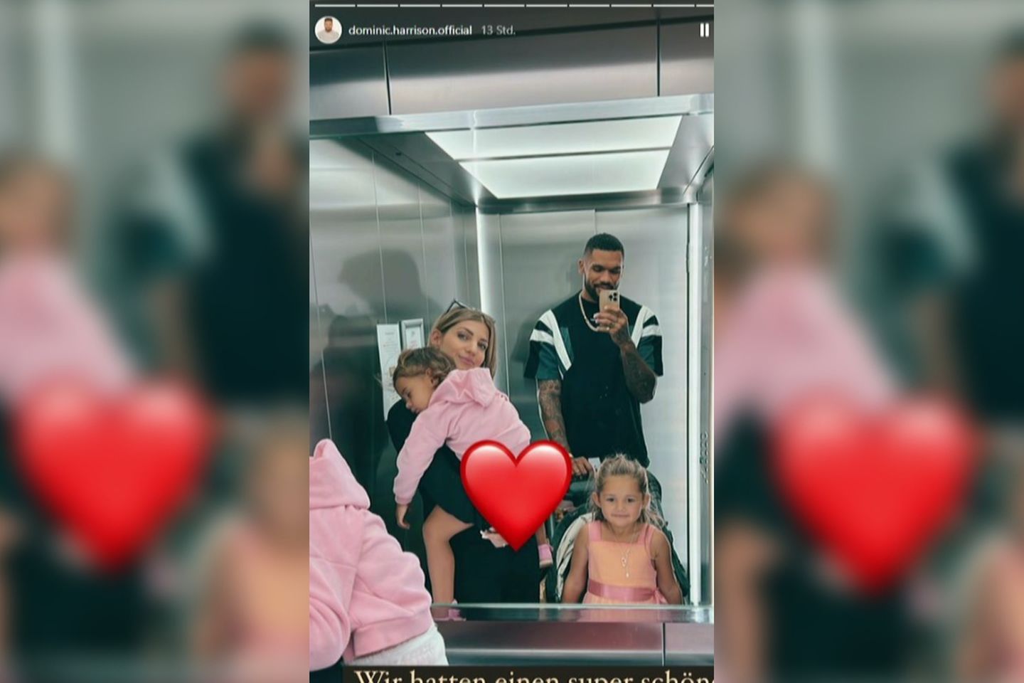 Dominic und Sarah Harrison posten diesen süßen Familienschnappschuss aus dem Fahrstuhl.