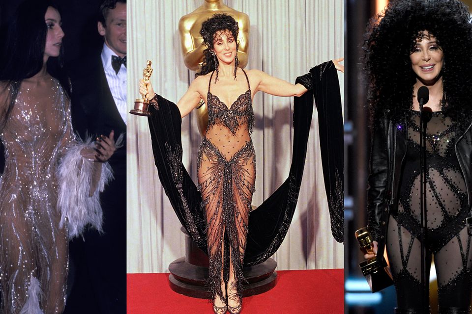 Cher bei der MET Gala 1974, bei der Oscarverleihung 1988 sowie bei den Billboard Awards 2017.
