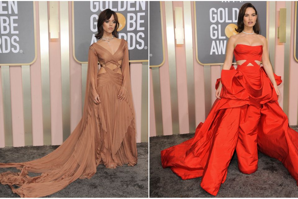 Große Roben, die trotzdem Haut zeigen: Jenna Ortega und Lily James trugen den Look bei den Golden Globes.