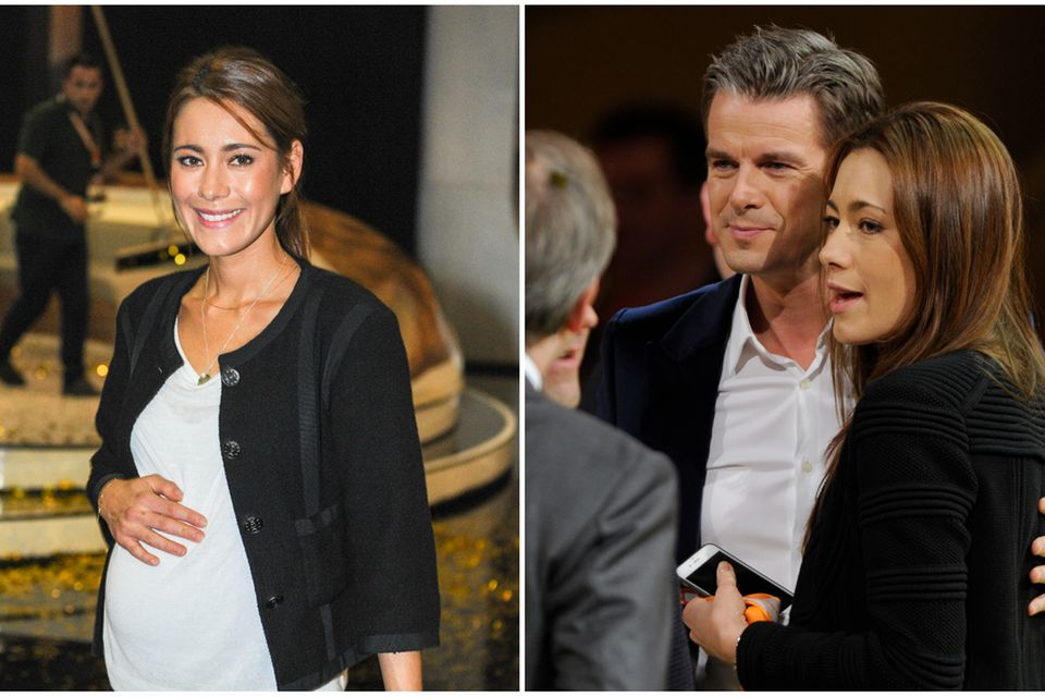 Collage aus zwei Bildern: Angela Lanz am Set von "Wetten, dass..??" im Oktober und im Dezember 2014.