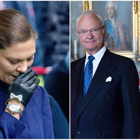 Collage aus 2 Bildern: Links weint Prinzessin Victoria, rechts posieren König Carl Gustaf und Prinzessin Victoria für ein Fot.