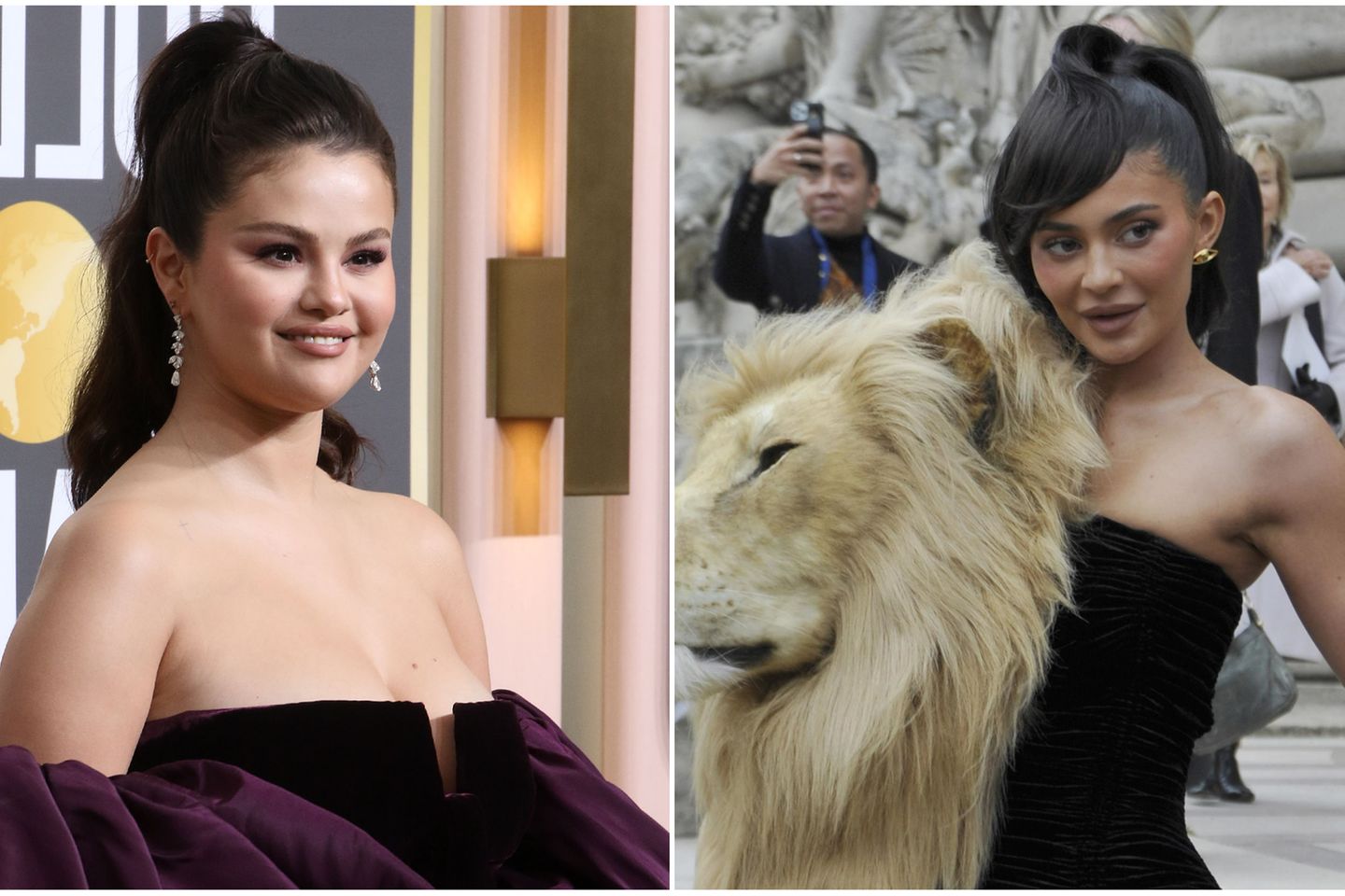 Collage aus 2 Bildern: Linkes Bild zeigt Selena Gomez auf dem roten Teppich der Golden Globe Awards 2023, das rechte Bild zeigt Kylie Jenner auf der Paris Fashion Week