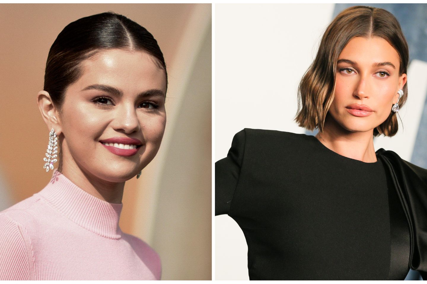 Collage aus 2 Bildern, v.l.: Selena Gomez lächelt auf einem roten Teppich. Hailey Bieber posiert auf dem roten Teppich der Vani…