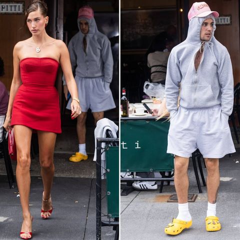 Ungleiches Paar: Während sich Hailey Bieber herausputzte, kam Ehemann Justin im Jogginganzug zu ihrem Event.