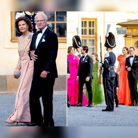 Das Königspaar und seine Dinner-Gesellschaft - unter anderem Prinzessin Sofia in Pink, Prinzessin Estelle in Moosgrün und Kron