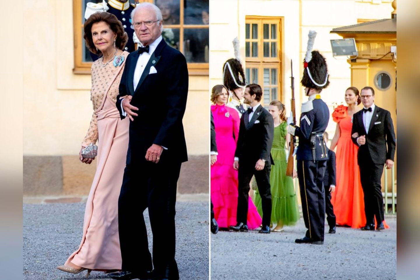Das Königspaar und seine Dinner-Gesellschaft - unter anderem Prinzessin Sofia in Pink, Prinzessin Estelle in Moosgrün und Kron