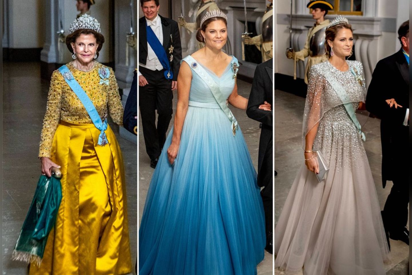Mehr Glamour geht kaum: Königin Silvia (li.) und ihre beiden Töchter Victoria und Madeleine (re.) beim Bankett.