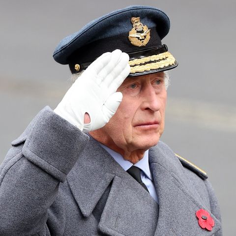 König Charles III. während des National Service of Remembrance mit einer symbolischen Mohnblume.