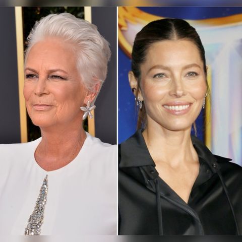 Jamie Lee Curtis (li.) und Jessica Biel zeigten sich bei Instagram mit Sonnenfinsternis-Brillen.