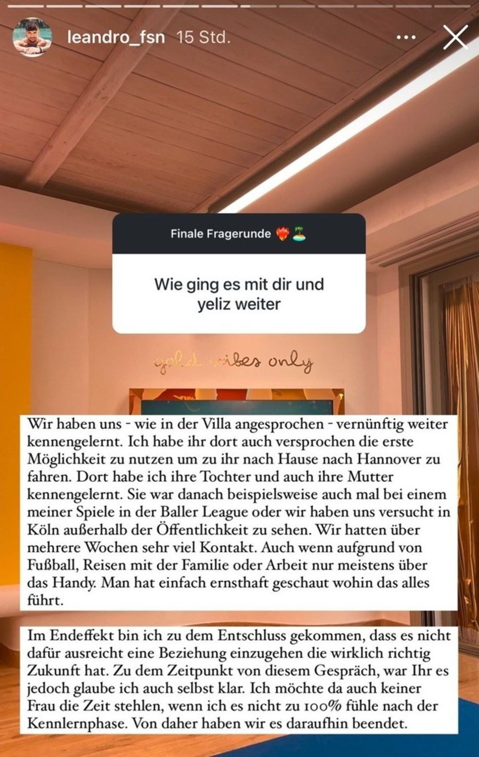 In seiner Instagram-Story erklärte Leandro, warum aus ihm und Yeliz nichts wurde.