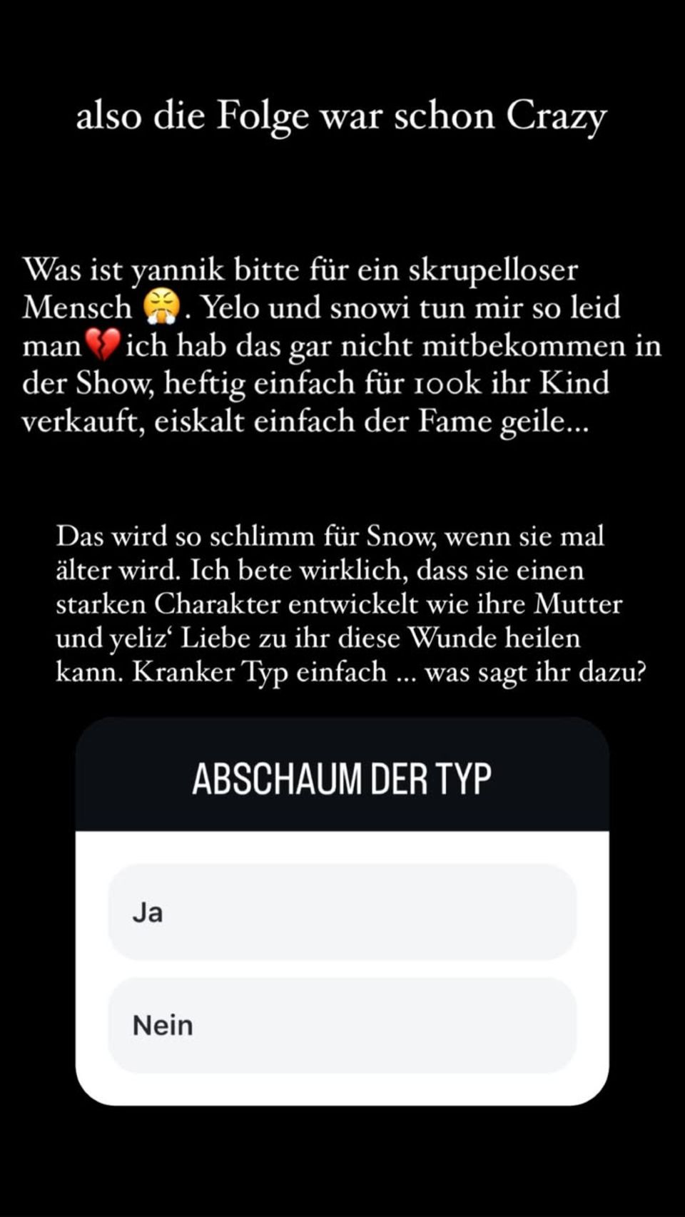 Yeliz Koc repostet eine Story, in der Jannik start kritisiert wird.